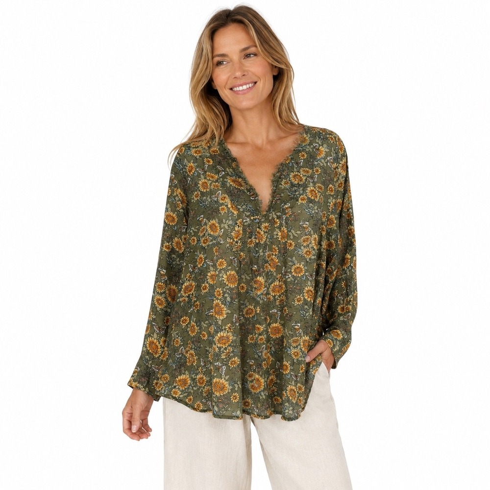 Natural Life Olive Green Sunflower Butterfly Floral Frayed V-Neck Tunic L/XL